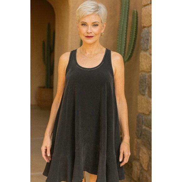 3.1 Black Flowy Lagenlook Dress Minimal Matte Sheen Fairy Whimsy Tier Relaxed - Picture 1 of 5
